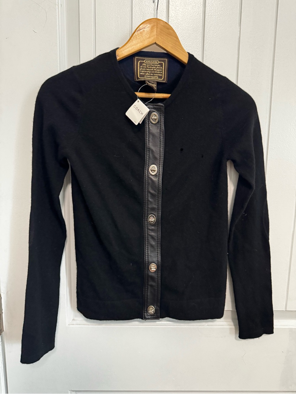 Coach Black Wool Cashmere Cardigan with Leather Trim